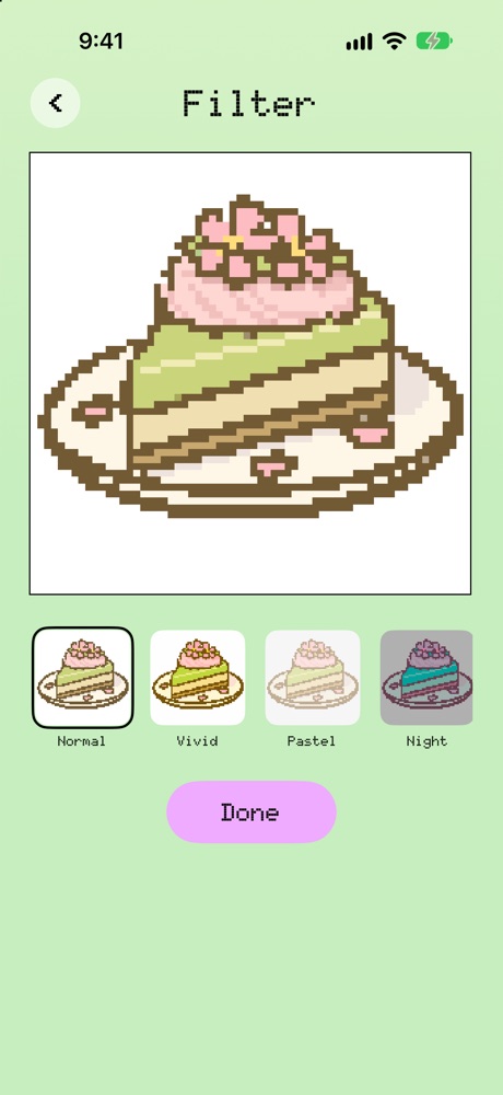 The Filter screen with Normal, Vivid, Pastel and Night previews